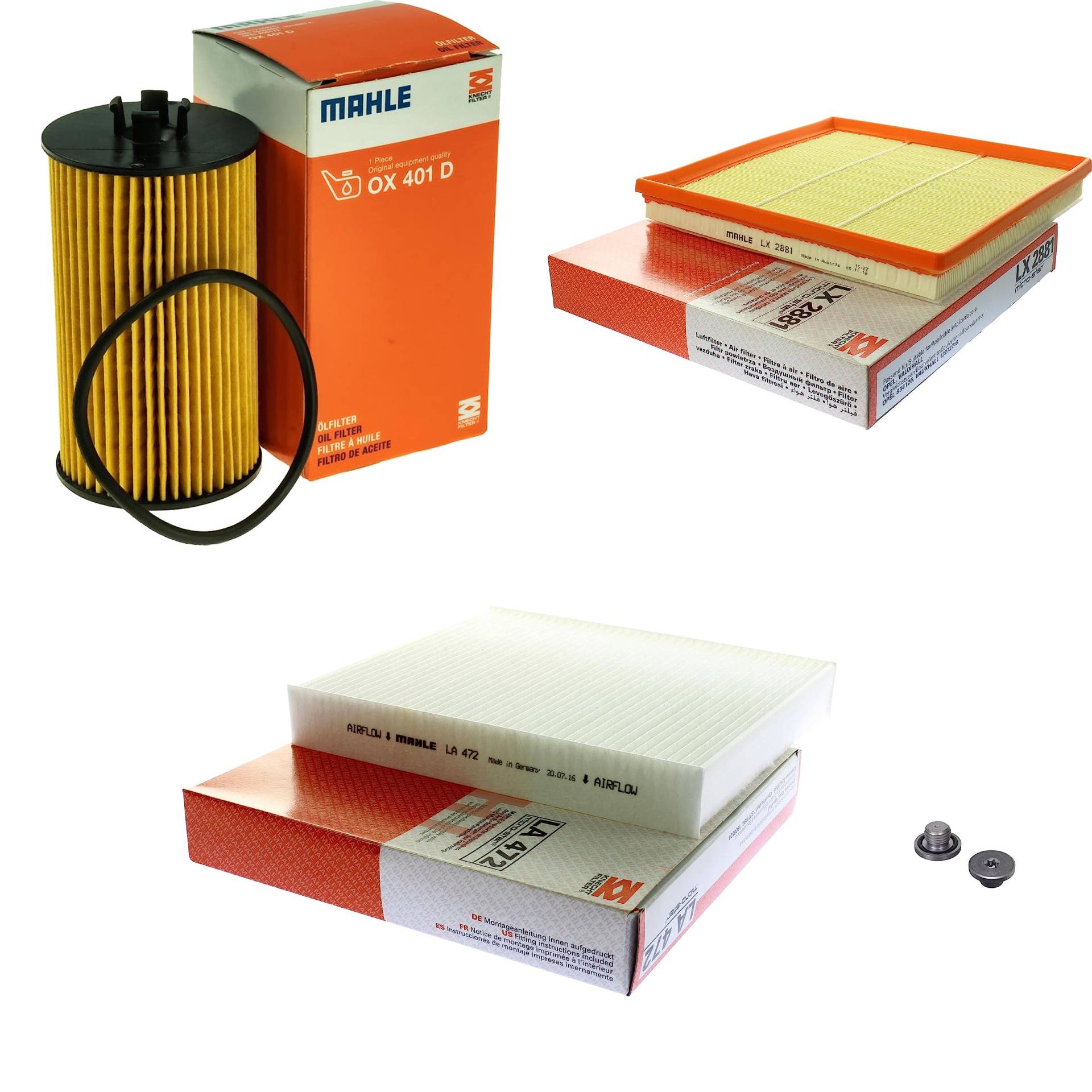 Inspektionspaket Wartungspaket Filterset mit Ölfilter OX 401D, Luftfilter LX 2881, Innenraumfilter LA 472, Verschlussschraube von EISENFELS