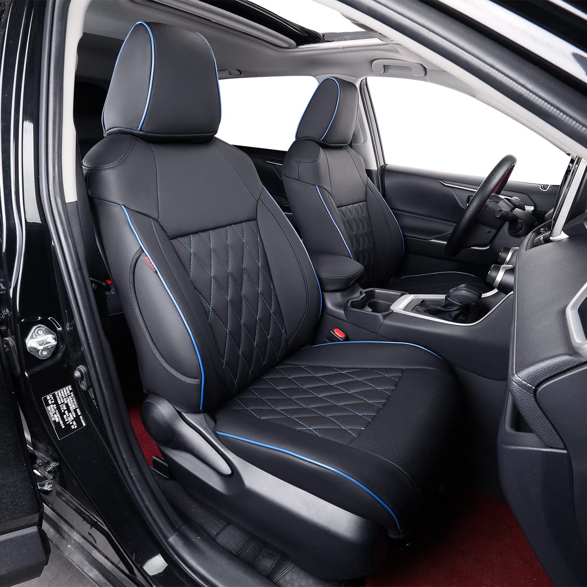 EKR Corolla Autositzbezüge für Select 2020, 2021, 2022, 2023, Toyota Corolla SE, SE Apex Edition, SE Nightshade Edition, komplettes Set, Leder (Schwarz mit blauem Rand) von EKR