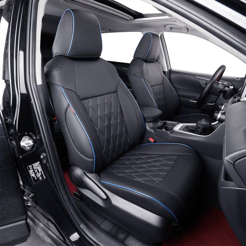 EKR Passgenaue Corolla Autositzbezüge für Select 2023 2024 Toyota Corolla L LE – komplettes Set, Leder (schwarz mit blauem Rand) von EKR