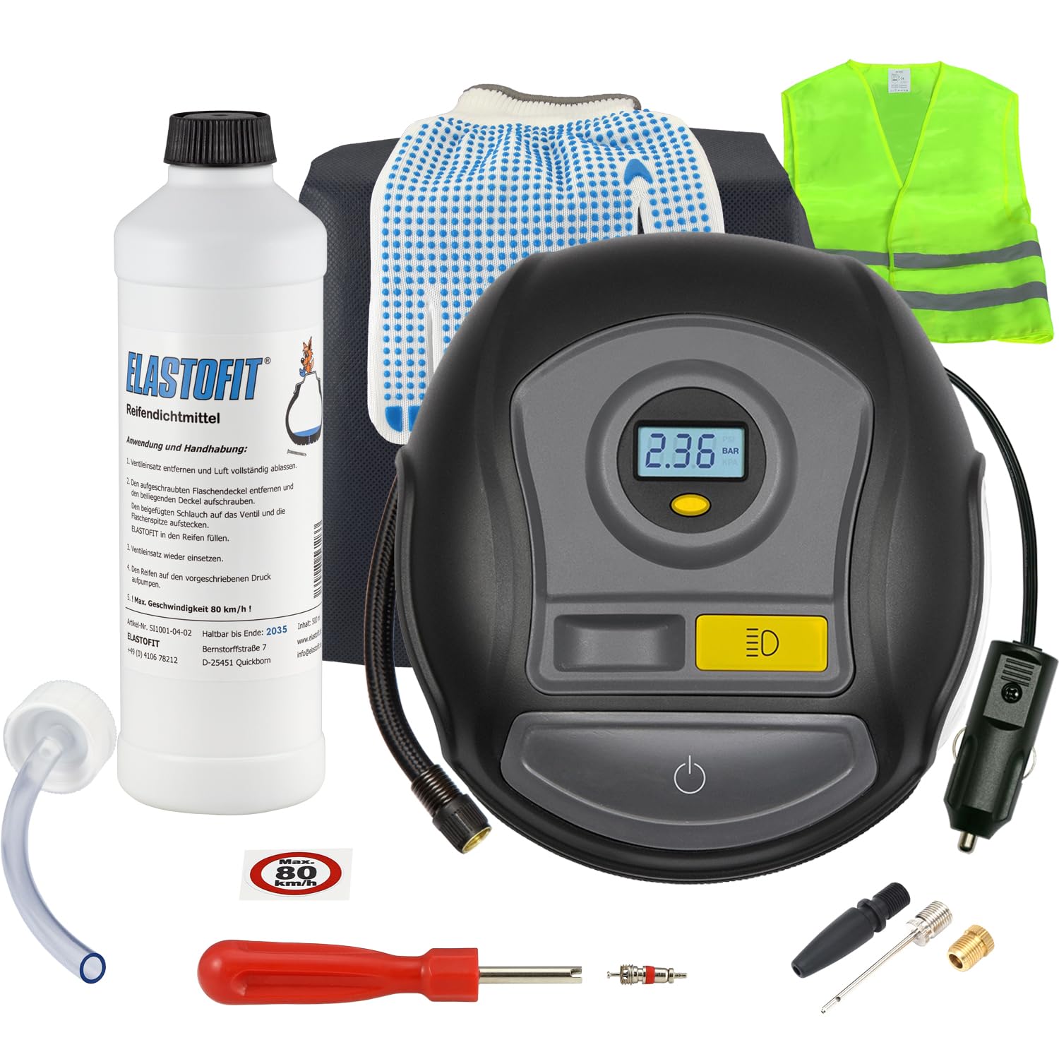 ELASTOFIT Reifen Pannenset mit Kompressor Reifendichtmittel 10 Jahre haltbar (XT400 Plus) von ELASTOFIT