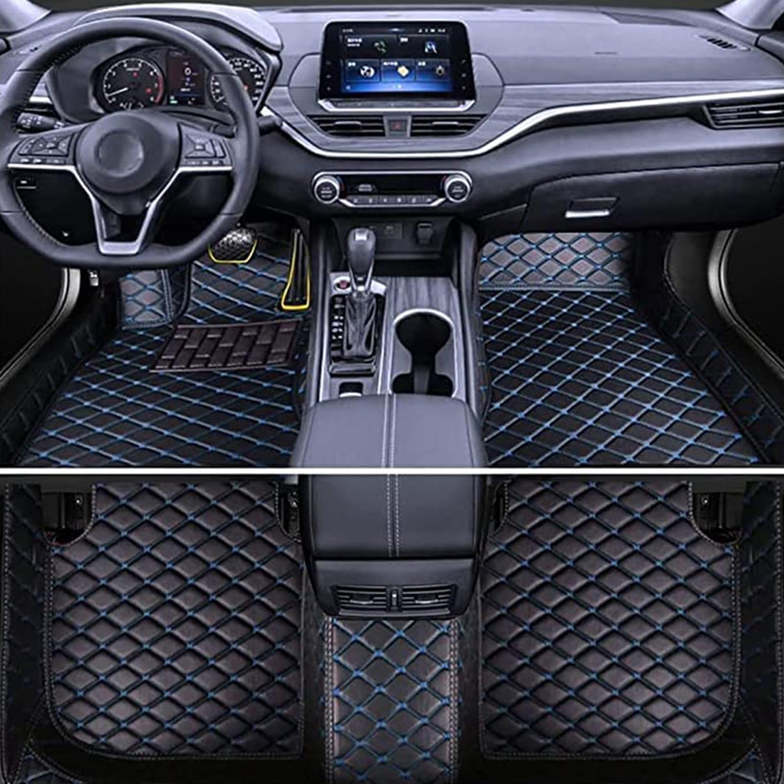 Anpassen Leder Fußmatten Auto für Toyo-TA RAV4 2020-2023, Allwetter wasserdichte rutschfeste Auto Teppich Set, Strapazierfähigen Kantenschutz Fussmatten Zubehör,Black-Blue-LHD von ELEDVB