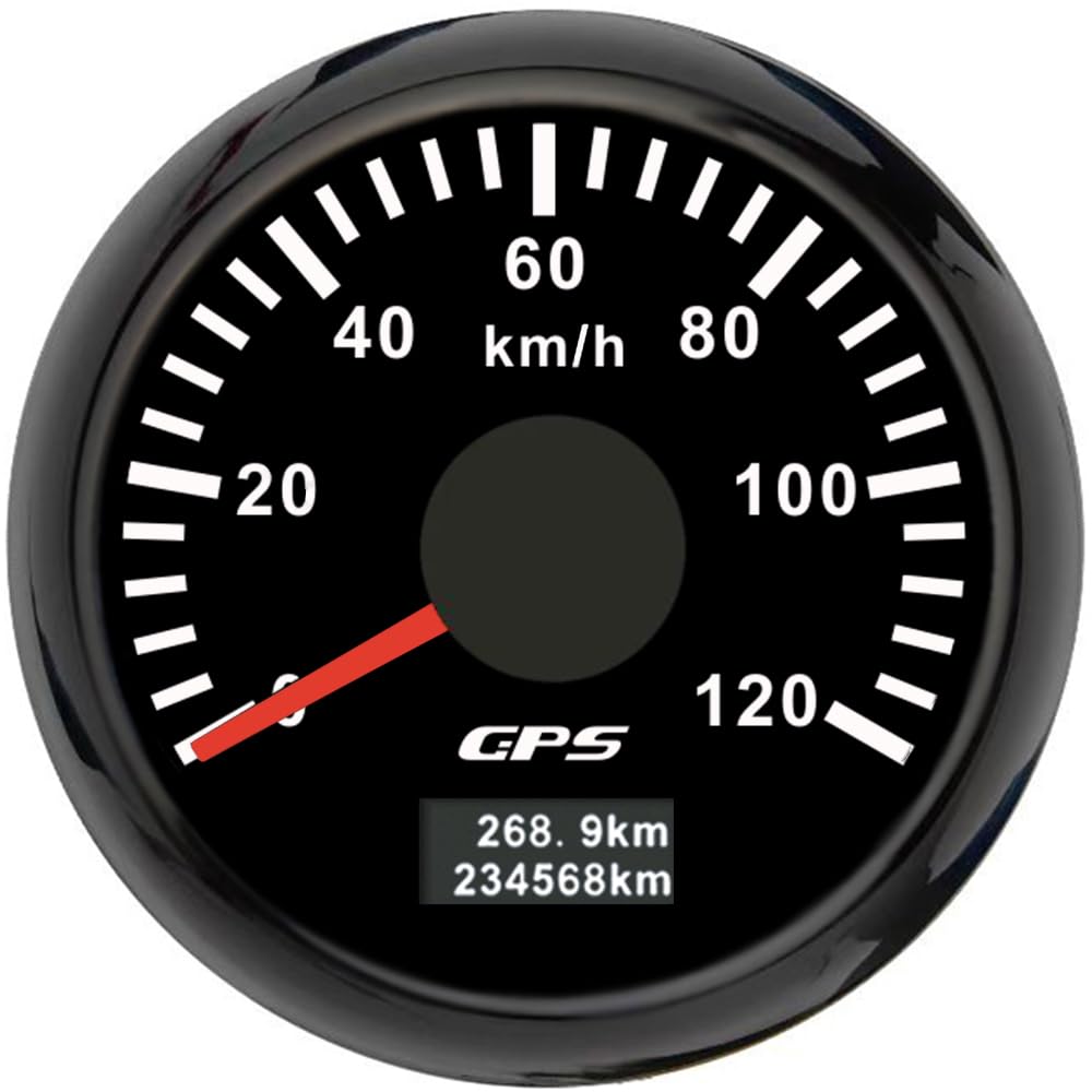ELING 52 mm GPS-Tachometer 0–120 km/h Geschwindigkeitsanzeige mit 7 Farben Hintergrundbeleuchtung 12 V 24 V für LKW-Yachten (schwarz+schwarz, 0-120KM/H) von ELING