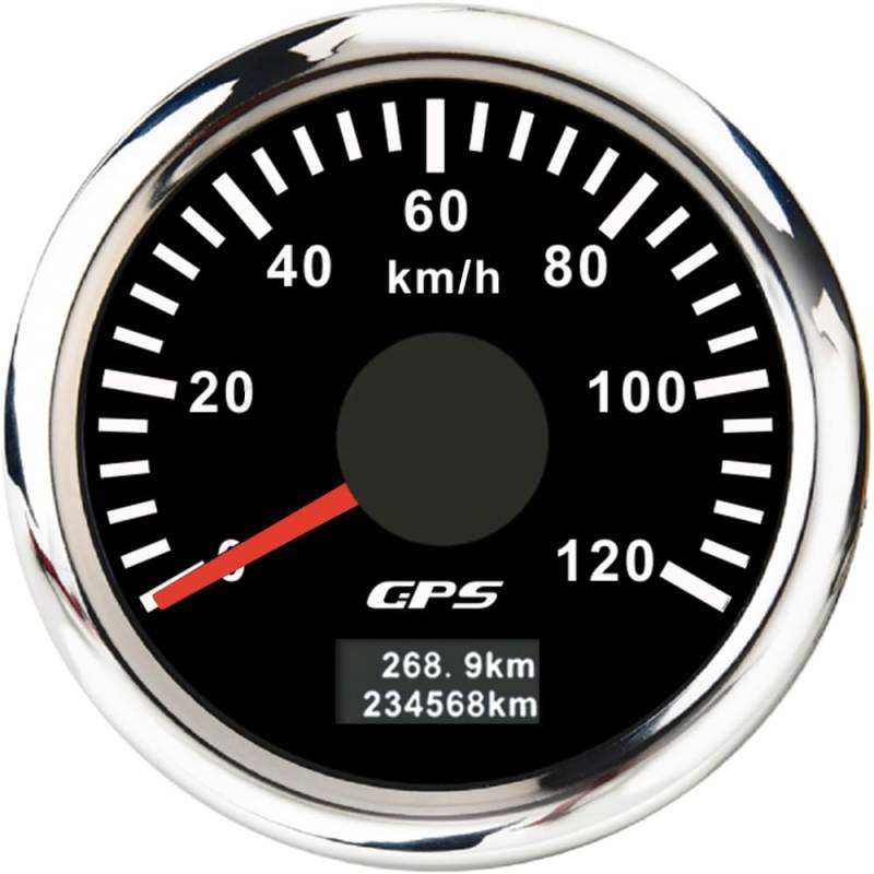 ELING 52 mm GPS-Tachometer 0–120 km/h Kilometerzähler mit 7 Farben Hintergrundbeleuchtung 12 V 24 V für Schiffe Yachten (schwarz+edelstahl, 0-120KM/H) von ELING