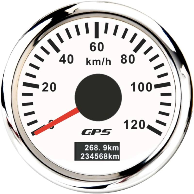 ELING 52 mm GPS-Tachometer 0–120 km/h mit 7 Farben Hintergrundbeleuchtung Kilometerzähler für LKW Schnellboote (weiß+edelstahl, 0-120KM/H) von ELING
