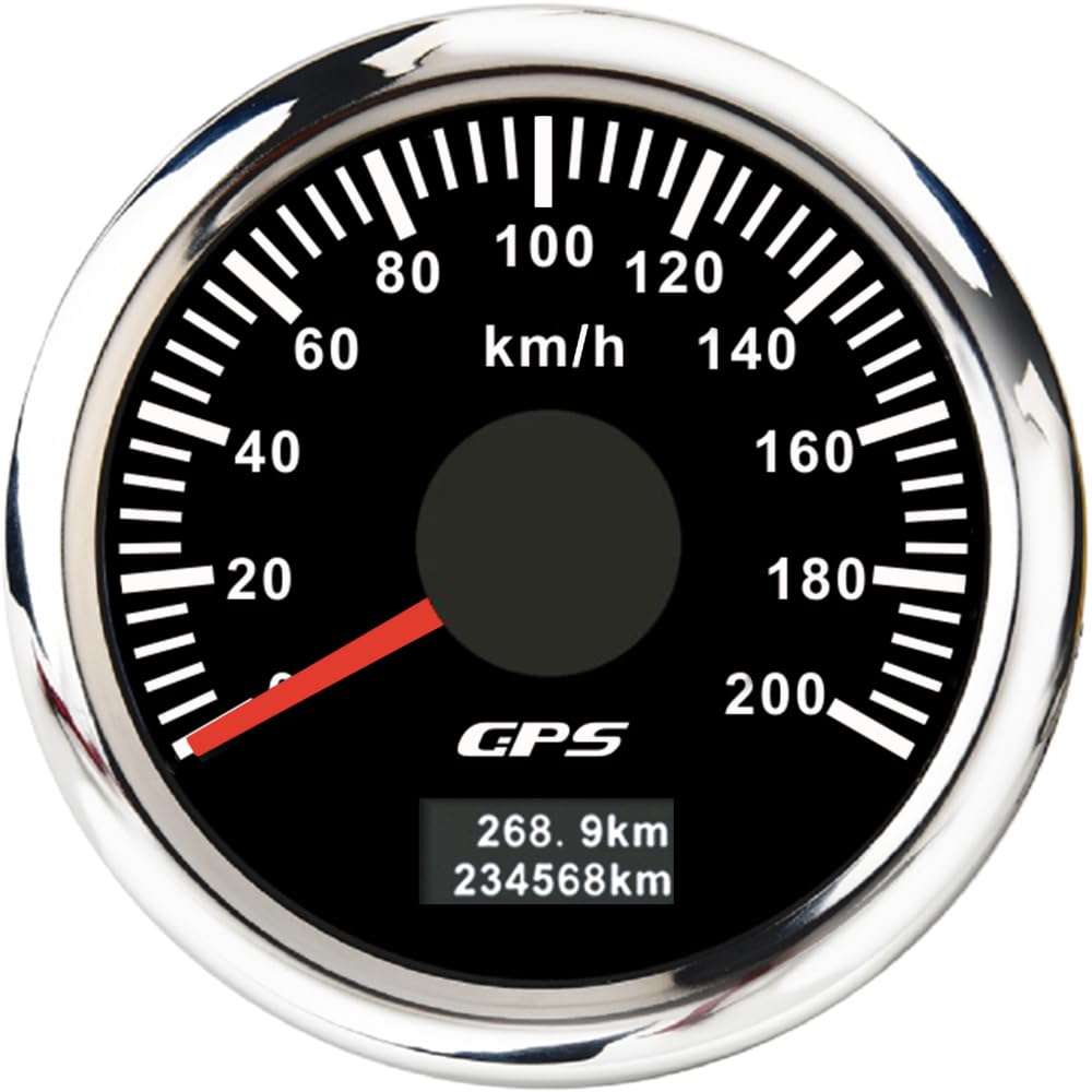 ELING 52 mm GPS-Tachometer 0–200 km/h Kilometerzähler mit 7 Farben Hintergrundbeleuchtung für Autorennen SUV (schwarz+edelstahl, 0-200KM/H) von ELING