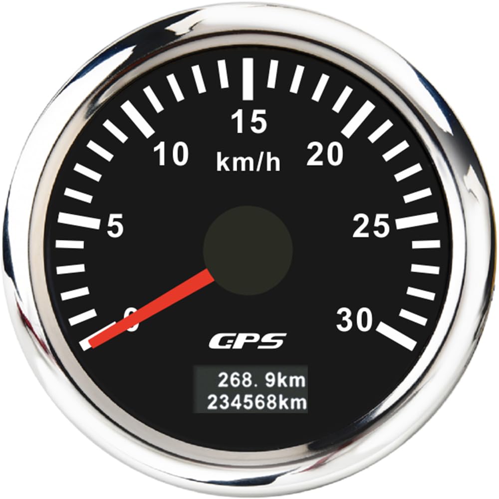 ELING 52 mm GPS-Tachometer 0–30 km/h Geschwindigkeitsmesser Kilometerzähler mit 7 Farben Hintergrundbeleuchtung für Gabelstapler Boote (schwarz+edelstahl, 0-30KM/H) von ELING