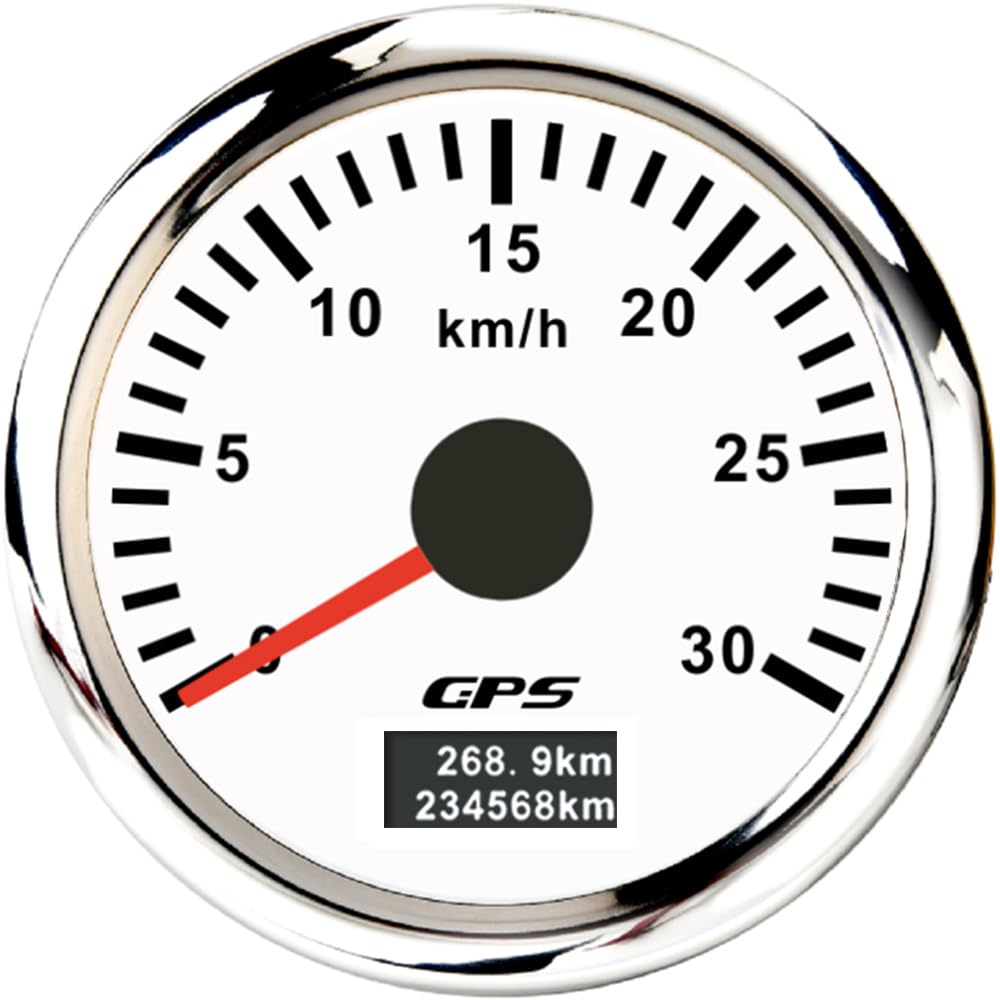 ELING 52 mm GPS-Tachometer 0–30 km/h Kilometerzähler mit 7 Farben Hintergrundbeleuchtung 12 V 24 V für Boote Schiffe (weiß+edelstahl, 0-30KM/H) von ELING