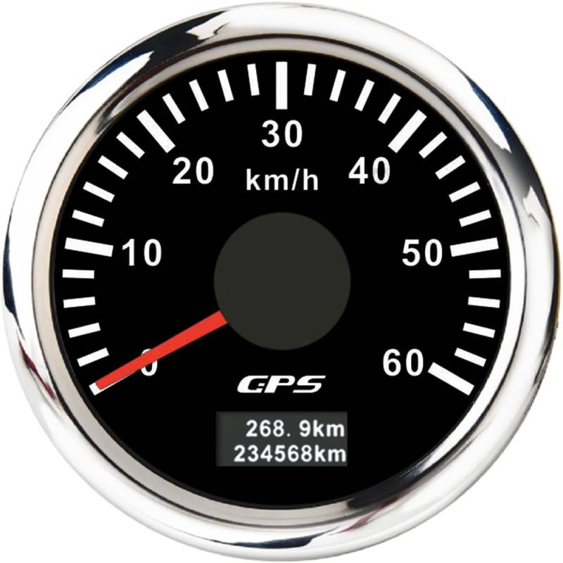 ELING 52 mm GPS-Tachometer 0–60 km/h Geschwindigkeitsanzeige mit 7 Farben Hintergrundbeleuchtung 12 V 24 V für ATV UTV (schwarz+edelstahl, 0-60KM/H) von ELING