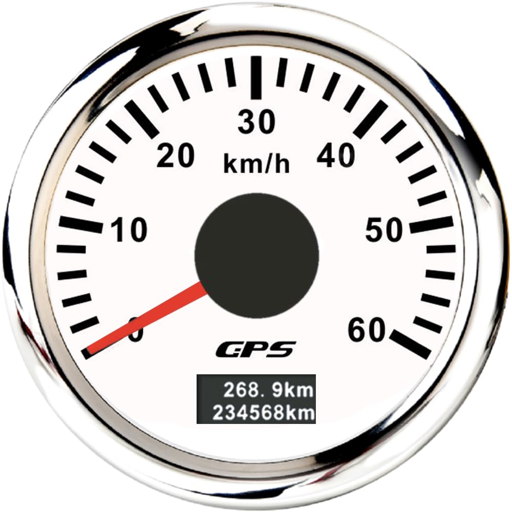 ELING 52 mm GPS-Tachometer 0–60 km/h Kilometerzähler mit 7 Farben Hintergrundbeleuchtung für Schnellboote Schiffe ATV (weiß+edelstahl, 0-60KM/H) von ELING