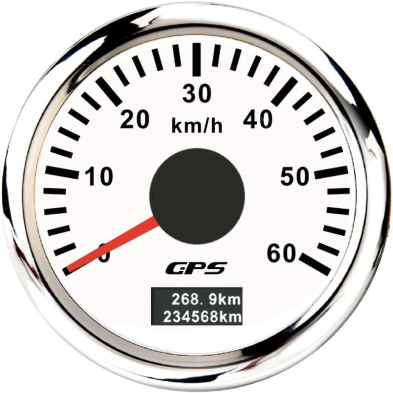 ELING 52 mm GPS-Tachometer 0–60 km/h Kilometerzähler mit 7 Farben Hintergrundbeleuchtung für Schnellboote Schiffe ATV (weiß+edelstahl, 0-60KM/H) von ELING