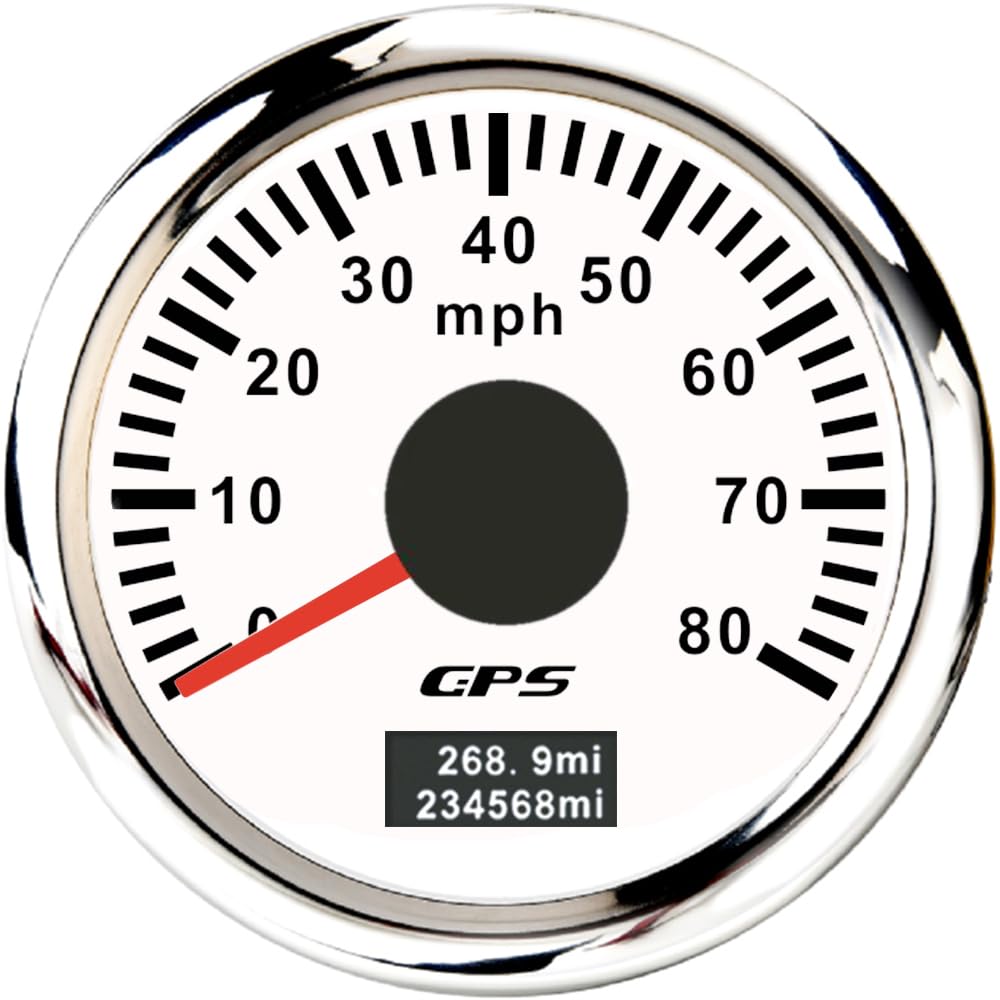 ELING 52 mm GPS-Tachometer 0–80 Meilen pro Stunde Kilometerzähler mit 7 Farben Hintergrundbeleuchtung 12 V 24 V für LKW Transporter (weiß+edelstahl, 0-80MPH) von ELING