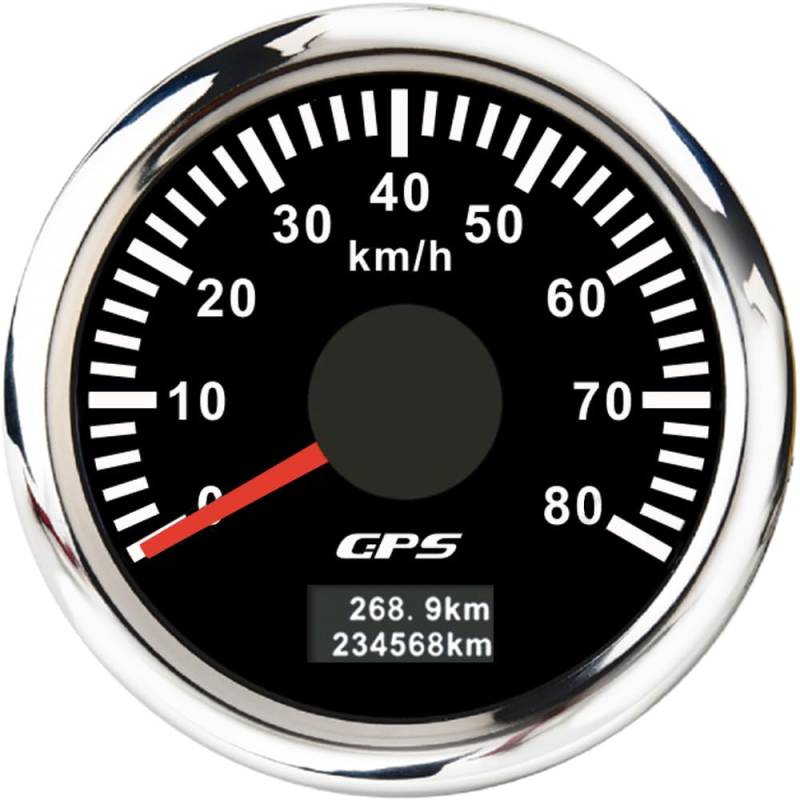 ELING 52 mm GPS-Tachometer 0–80 km/h Kilometerzähler mit 7 Farben Hintergrundbeleuchtung 12 V 24 V für Gabelstapler (schwarz+edelstahl, 0-80KM/H) von ELING