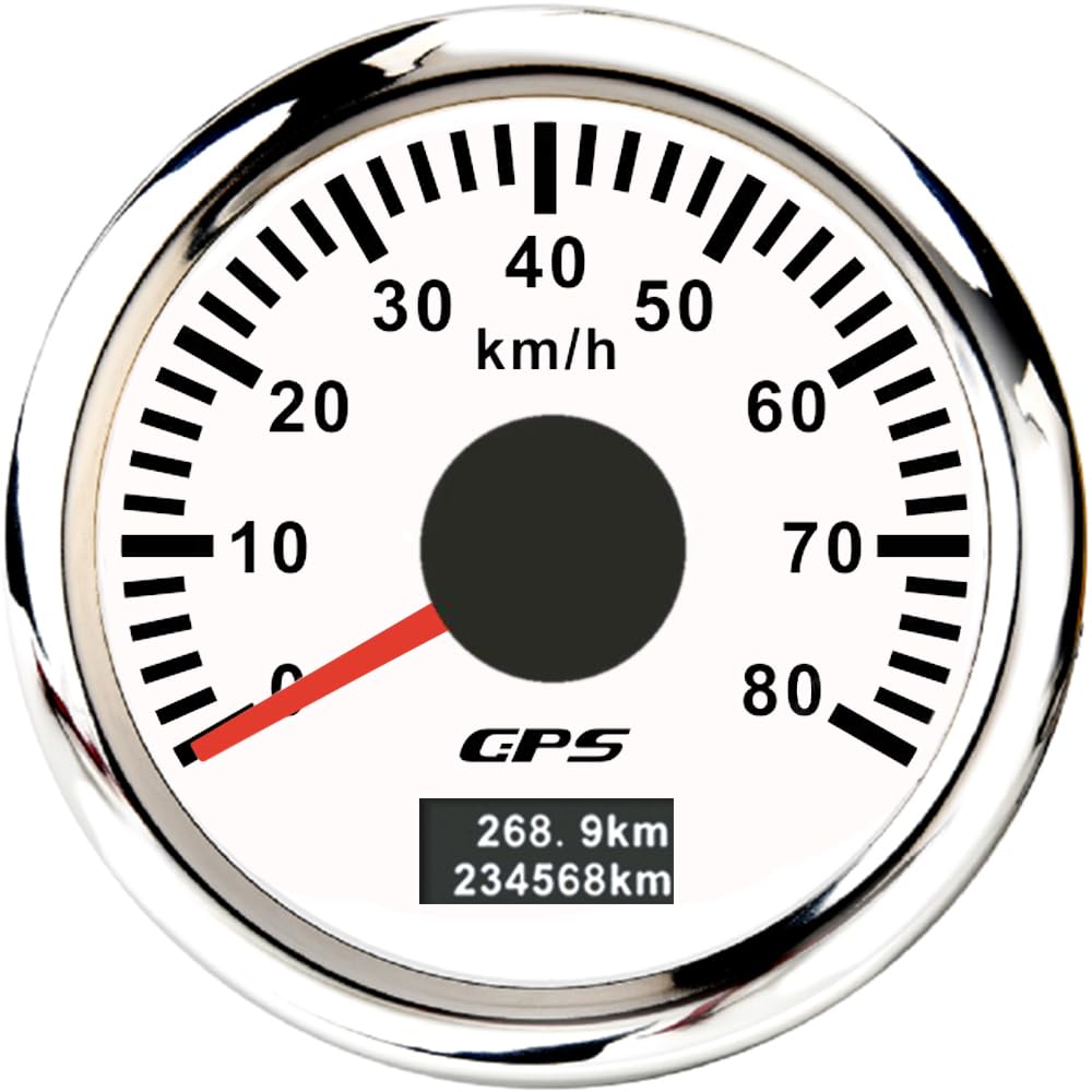 ELING 52 mm GPS-Tachometer 0–80 km/h Kilometerzähler mit 7 Farben Hintergrundbeleuchtung 12 V 24 V für Traktoren Schiffe (weiß+edelstahl, 0-80KM/H) von ELING