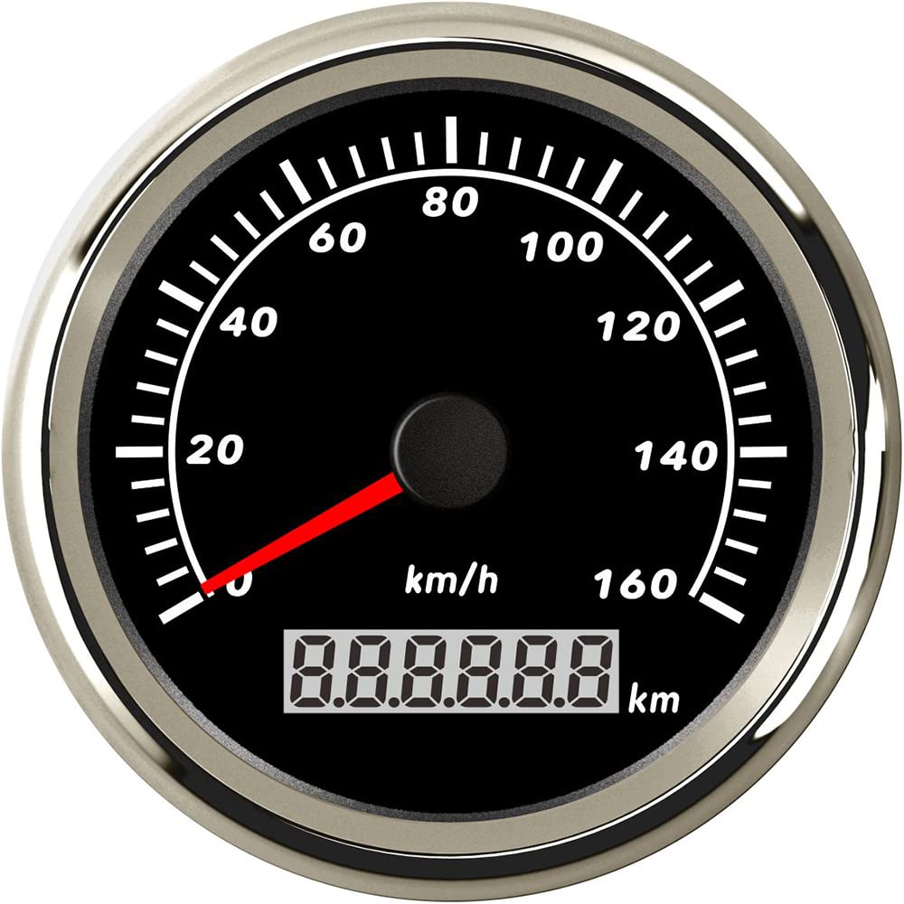 ELING 85 mm GPS-Tacho-Kilometerzähler, 0–160 km/h, Geschwindigkeitsmessgerät für Autoboote mit roter Hintergrundbeleuchtung (0–160 km/h, schwarz + Edelstahl) von ELING