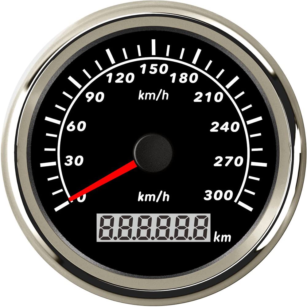 ELING 85 mm GPS-Tacho-Kilometerzähler, 0–300 km/h, Geschwindigkeitsmessgerät für Autoboote mit roter Hintergrundbeleuchtung (0–300 km/h, schwarz + Edelstahl) von ELING