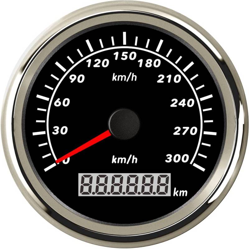 ELING 85 mm GPS-Tacho-Kilometerzähler, 0–300 km/h, Geschwindigkeitsmessgerät für Autoboote mit roter Hintergrundbeleuchtung (0–300 km/h, schwarz + Edelstahl) von ELING