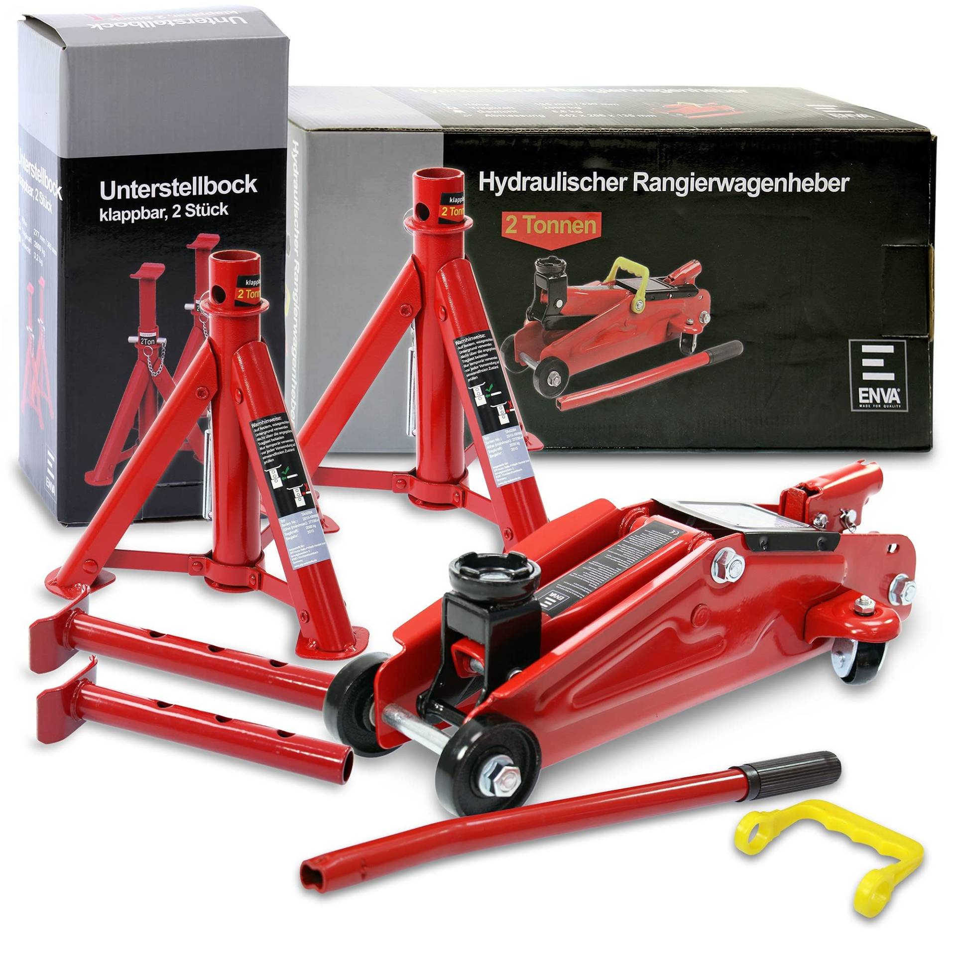 ENVA 2X Klappbarer Unterstellbock Kfz 2t, Stützbock höhenverstellbar von 277 mm – 365mm + 1x Hydraulik Wagenheber 2t Hubhöhe 135 – 340 mm, Profi Rangierwagenheber Car Jack ENVA 2X Klappbarer Unterstellbock Kfz 2t, Stützbock höhenverstellbar von 277 mm – 365mm + 1x Hydraulik Wagenheber 2t Hubhöhe 135 – 340 mm, Profi Rangierwagenheber Car Jack von ENVA MADE FOR QUALITY
