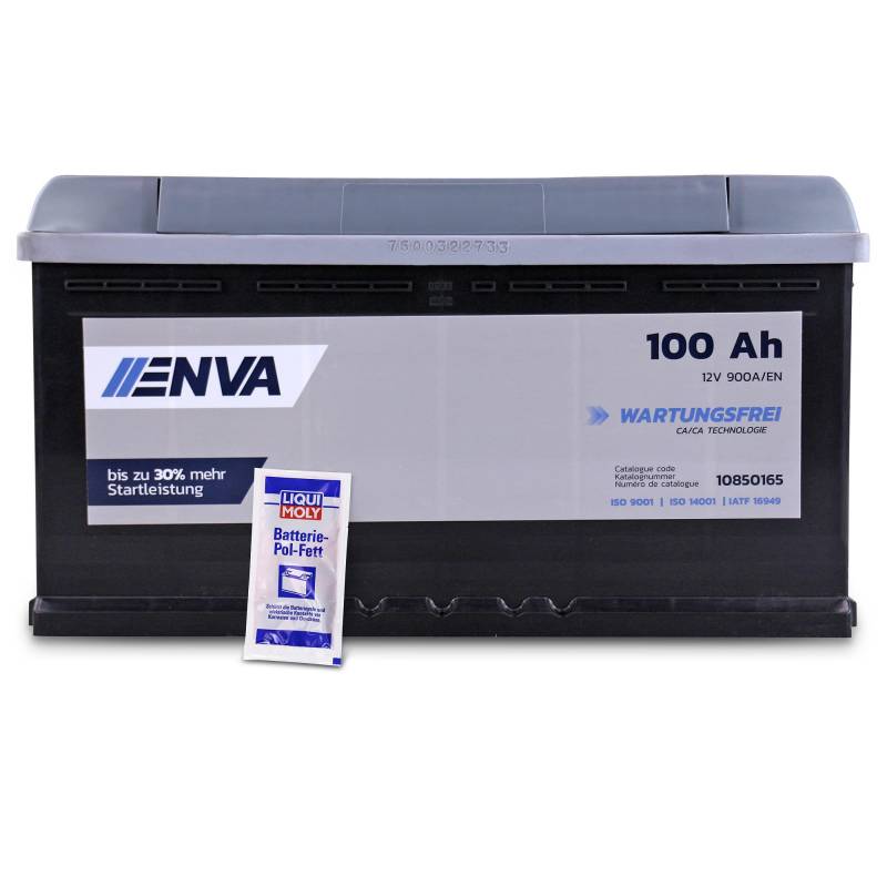 ENVA Autobatterie 12V 100Ah 900A Starterbatterie PKW Batterie Wartungsfrei +30% Startleistung inkl. Pollfett - Ersetzt 88Ah 90Ah 95Ah 110Ah 120Ah mit Magic-Eye, Feuerschutz und Kurzschlussschutz von ENVA MADE FOR QUALITY
