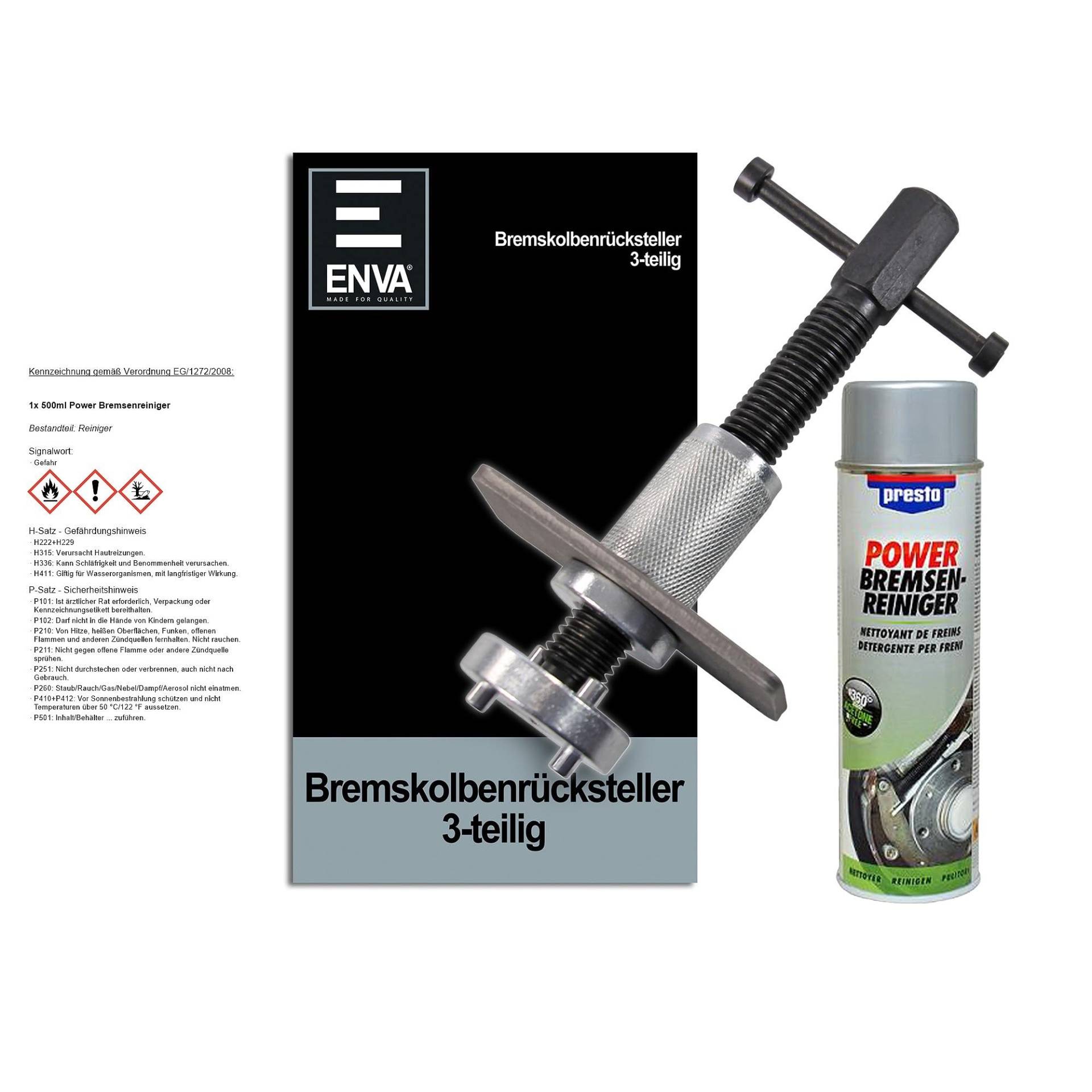 ENVA Bremskolbenrücksteller 3TLG. + 500 ml Bremsenreiniger Profi Werkzeugset für müheloses Zurücksetzen der Bremskolben inkl. Druckplatte und Adapter ENVA Bremskolbenrücksteller 3TLG. + 500 ml Bremsenreiniger Profi Werkzeugset für müheloses Zurücksetzen der Bremskolben inkl. Druckplatte und Adapter von ENVA MADE FOR QUALITY
