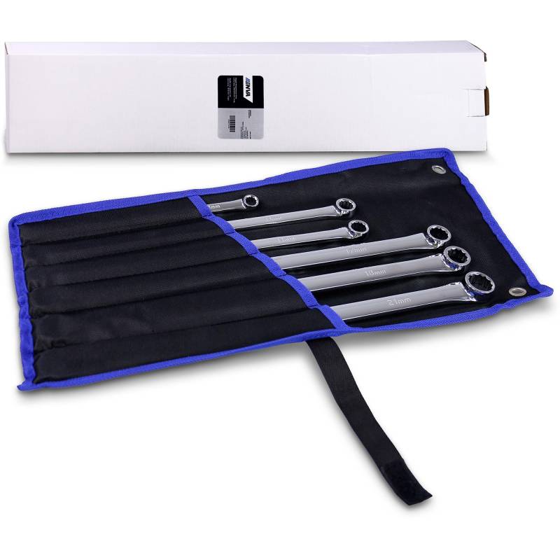 ENVA Doppel Ringschlüssel Satz 5TLG. extra lang SW 8x19 – 18x19mm Länge 235-410mm Hochglanz Verchromt mit Zwölfkant Ringseite inkl. Tetron Rolltasche von ENVA MADE FOR QUALITY
