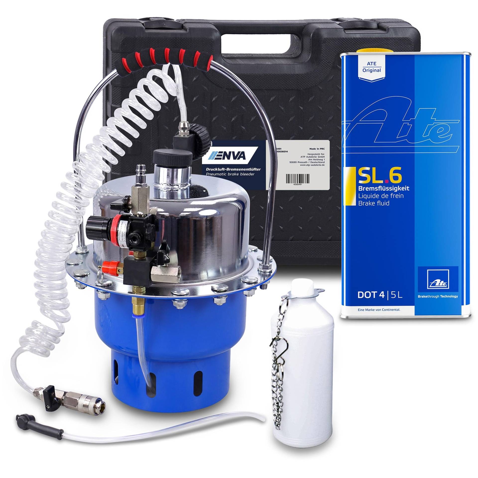 ENVA Druckluft-Bremsenentlüfter - 17-TLG. + 5 L Bremsflüssigkeit DOT4 ENVA Druckluft-Bremsenentlüfter - 17-TLG. + 5 L Bremsflüssigkeit DOT4 von ENVA MADE FOR QUALITY