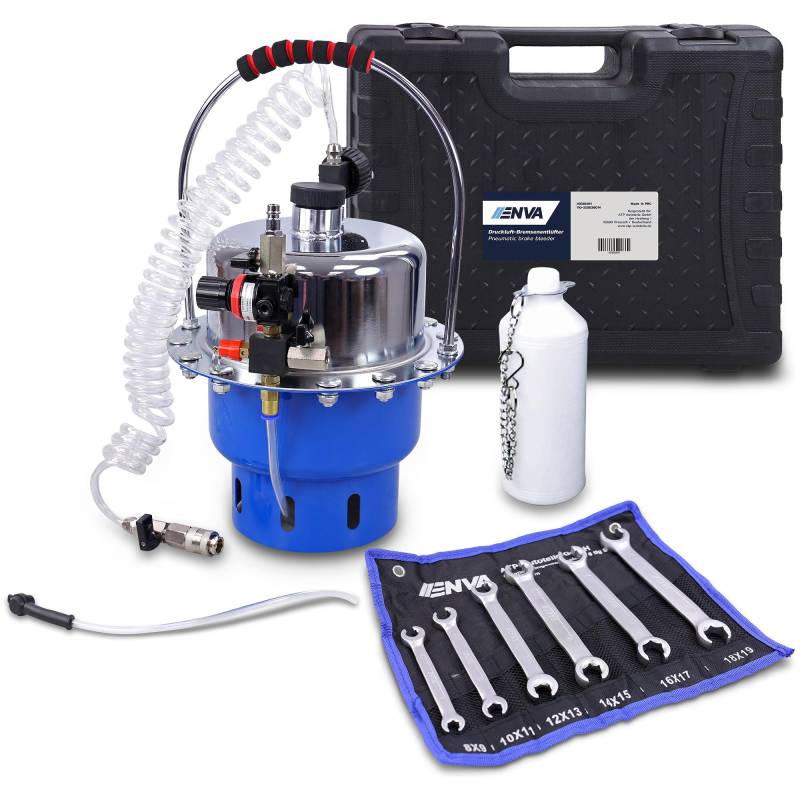 ENVA Druckluft Bremsenentlüfter 17TLG. + Bremsschlüssel Bremsentlüftungsgerät 5 Liter inklusive offenen Doppel Ringschlüssel Satz Bremsen Entlüftungsgerät und Bremsleitungsschlüssel Set von ENVA MADE FOR QUALITY