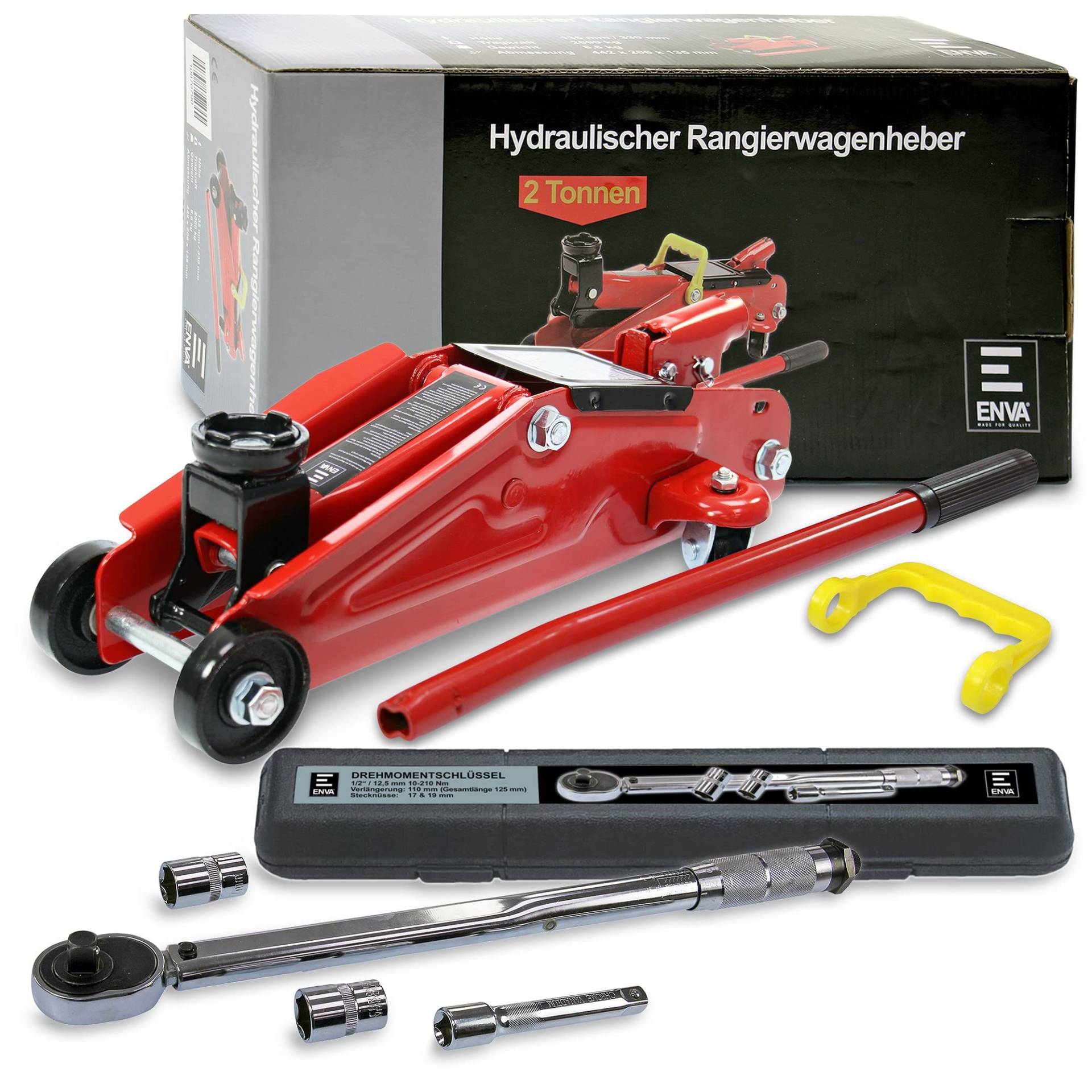 ENVA Hydraulischer Wagenheber 2t Rangierwagenheber Hubhöhe 135-340mm & Drehmomentschlüssel ½ Zoll Antrieb Vierkant inkl. 110mm Verlängerung & Stecknüsse 17mm + 19mm ENVA Hydraulischer Wagenheber 2t Rangierwagenheber Hubhöhe 135-340mm & Drehmomentschlüssel ½ Zoll Antrieb Vierkant inkl. 110mm Verlängerung & Stecknüsse 17mm + 19mm von ENVA MADE FOR QUALITY