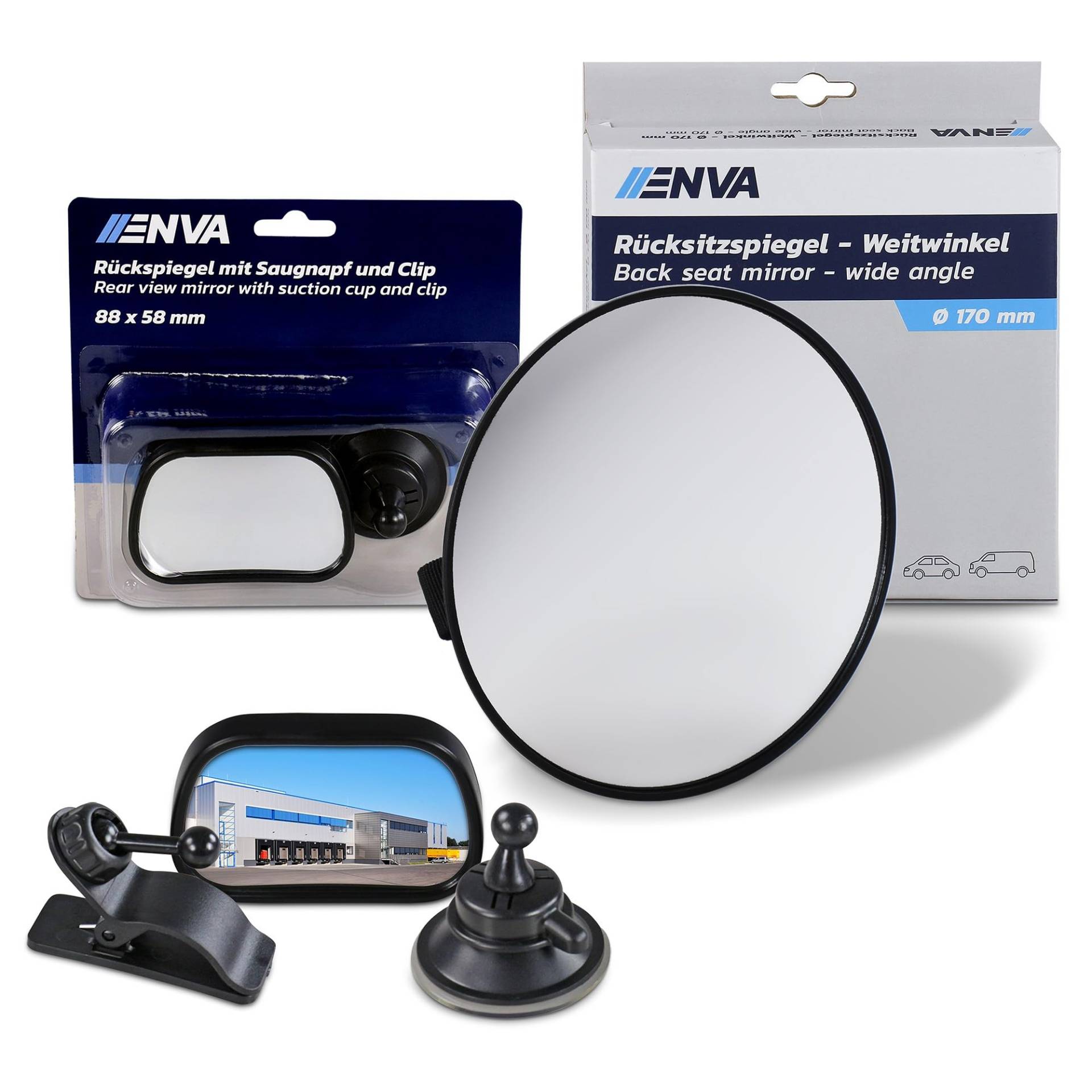 ENVA Rücksitzspiegel Weitwinkel Ø 175 mm + Rückspiegel mit Saugnapf und Clip Babyspiegel für nach hinten gerichtete Kindersitze & Autoinnenspiegel für Windschutzscheibe und Sonnenblende von ENVA MADE FOR QUALITY