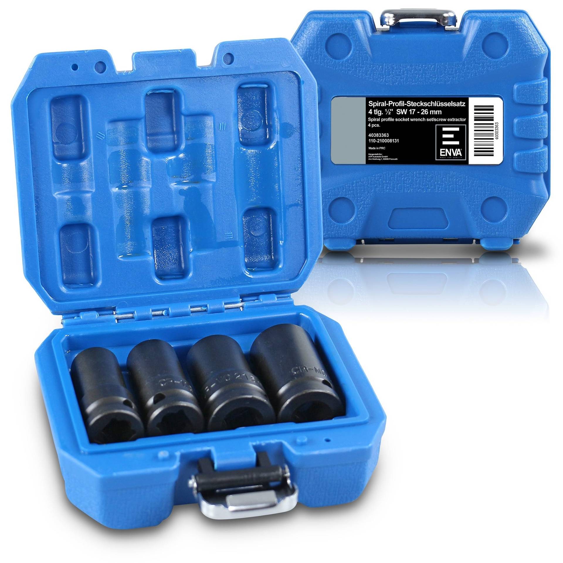 ENVA Spiral Profil Steckschlüssel Satz Schraubenausdreher 4TLG. Vielseitiges Set zum Lösen beschädigter Schrauben und Muttern aus Chrom Molybdän Stahl SW 17-26mm ENVA Spiral Profil Steckschlüssel Satz Schraubenausdreher 4TLG. Vielseitiges Set zum Lösen beschädigter Schrauben und Muttern aus Chrom Molybdän Stahl SW 17-26mm von ENVA MADE FOR QUALITY
