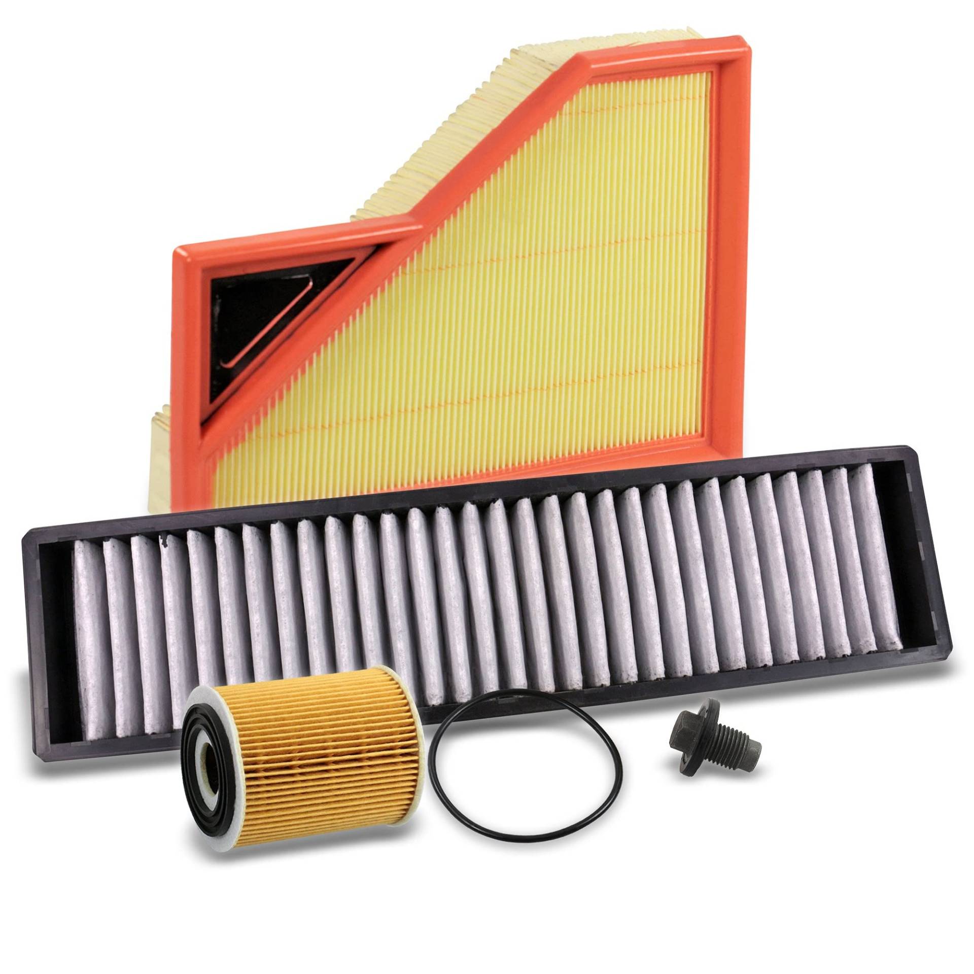 Inspektionspaket SET A 1x Ölfilter 1x Luftfilter 1x Innenraumfilter (Pollenfilter) mit Aktivkohle 1x Ölablass-Schraube 1x Dichtring für Ölablass-Schraube von ENVA MADE FOR QUALITY