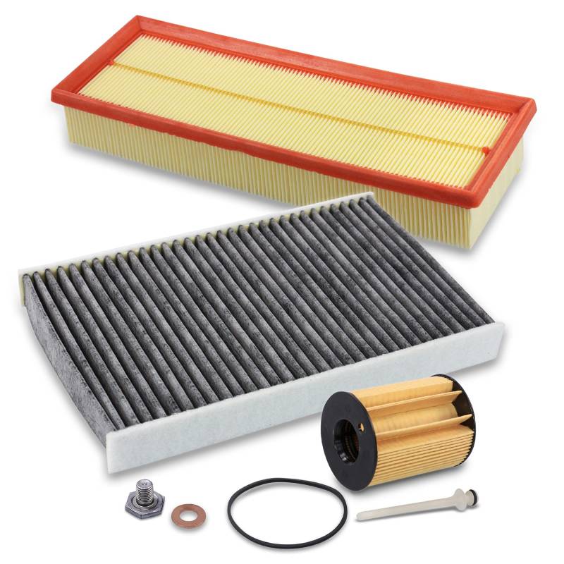 Inspektionspaket SET A 1x Ölfilter 1x Luftfilter 1x Innenraumfilter (Pollenfilter) mit Aktivkohle 1x Ölablass-Schraube 1x Dichtring für Ölablass-Schraube von ENVA MADE FOR QUALITY