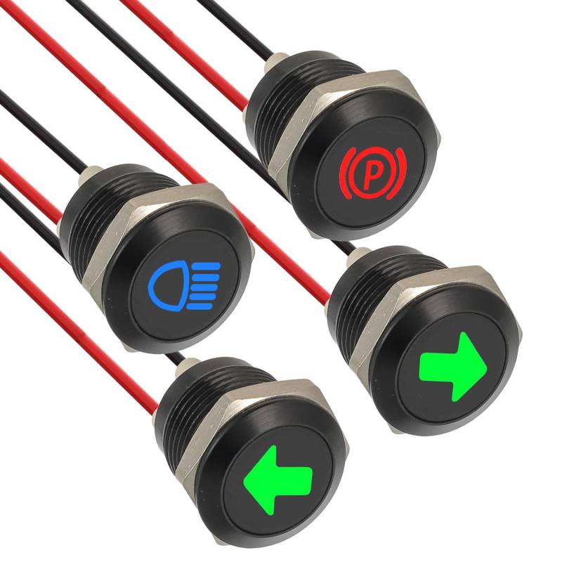 EPLZON 4 Stück 12mm Wasserdichte Signalleuchte LED Kontrollleuchte, DC 12V/24V LED Metall Kontrollleuchte mit 150 mm Kabel für Motorräder Autos LKW Traktoren RV ATV von EPLZON