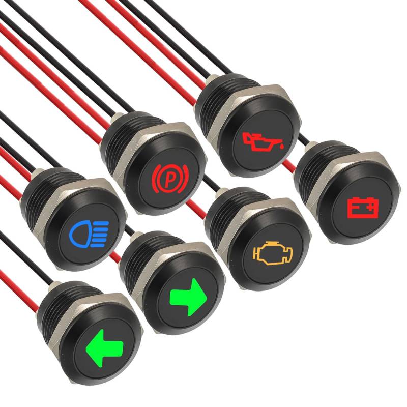 EPLZON 7 Stück 12mm Wasserdichte Signalleuchte LED Kontrollleuchte, DC 12V/24V LED Metall Kontrollleuchte mit 150 mm Kabel für Motorräder Autos LKW Traktoren RV ATV von EPLZON