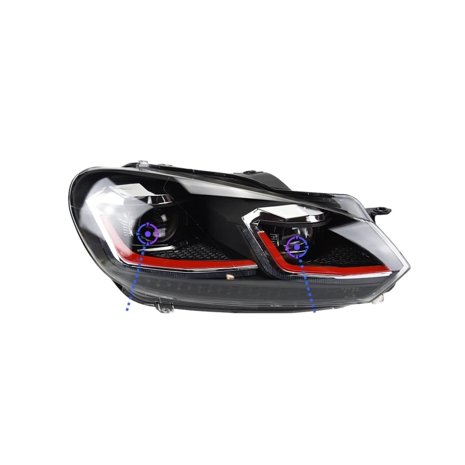 Auto-Styling-Scheinwerfer, kompatibel mit VW Golf 6-Scheinwerfern 2009–2012, Golf 6-Scheinwerfer, DRL-Signallampe, Bi-Xenon-Autozubehör(Gti All LED Red,Left) von EPNYWJTE