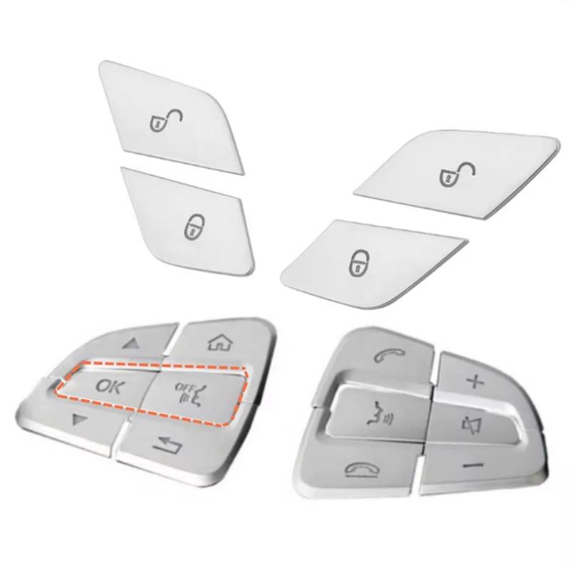 EQAUHYB Auto Knopf Aufkleber Kompatibel Mit Benz Für C W205 2014 2015 2016 2017 2018 Auto-Lenkrad-Tür-Entriegelungsknopf-Abdeckung Aufkleber Zierzubehör(Silver) von EQAUHYB