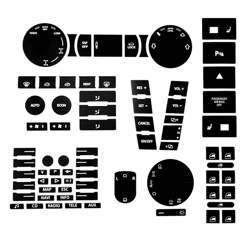 EQAUHYB Auto Knopf Aufkleber Kompatibel Mit VW Für Touareg 2004 2005 2006 2007 2008 2009 Auto-Mittelkonsolenteilschalter-Knopf-Reparatursatz Aufkleber Abziehbild Fix Verblasst Hässlich von EQAUHYB