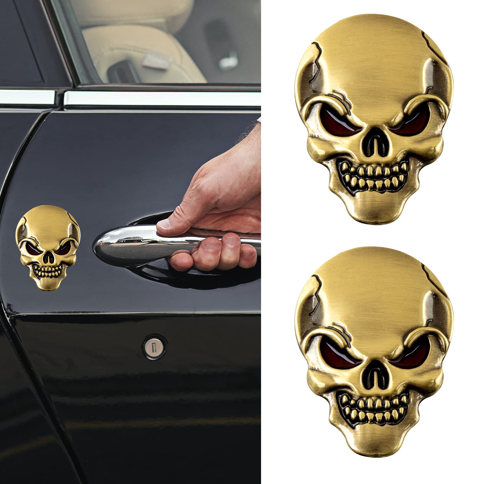 3D Metallschädel Autoaufkleber, 2 Pcs 3D Schädel Zink Legierung Metall Auto Aufkleber Schädel Emblem Abzeichen Auto Styling Aufkleber Zubehör für Auto Motorrad (Gold) von EQLEF