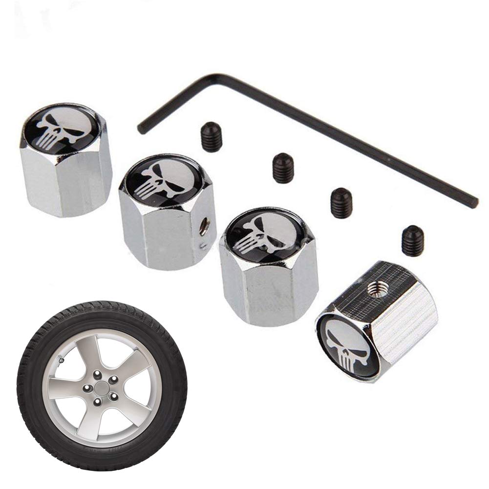 EQLEF Ventilkappen Schwarz 8Pcs Anti-Diebstahl-Schädel-Reifen Reifen-Rad-Auto-Caps Ventile Dust Cover Stem, Universelle Passform, Silber, Kupfer, PKW von EQLEF