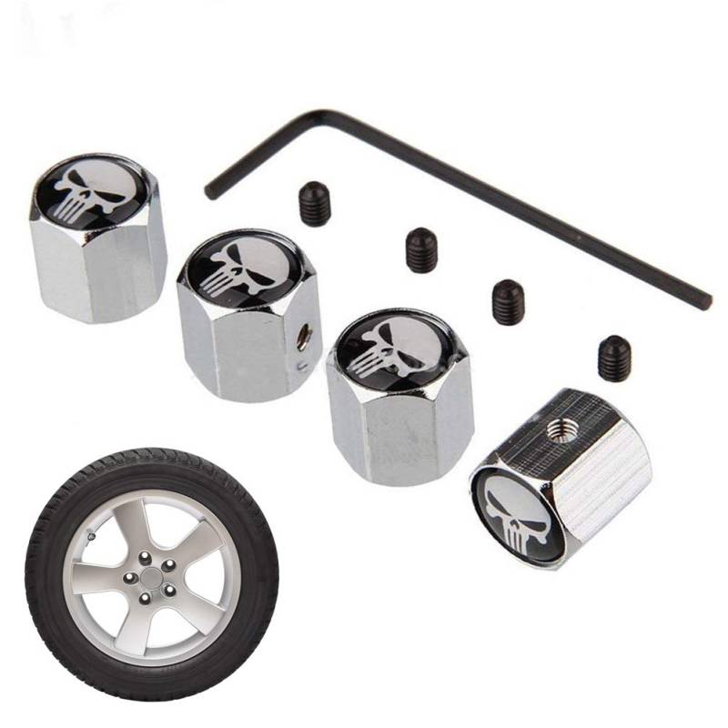 EQLEF Ventilkappen Schwarz 8Pcs Anti-Diebstahl-Schädel-Reifen Reifen-Rad-Auto-Caps Ventile Dust Cover Stem, Universelle Passform, Silber, Kupfer, PKW von EQLEF