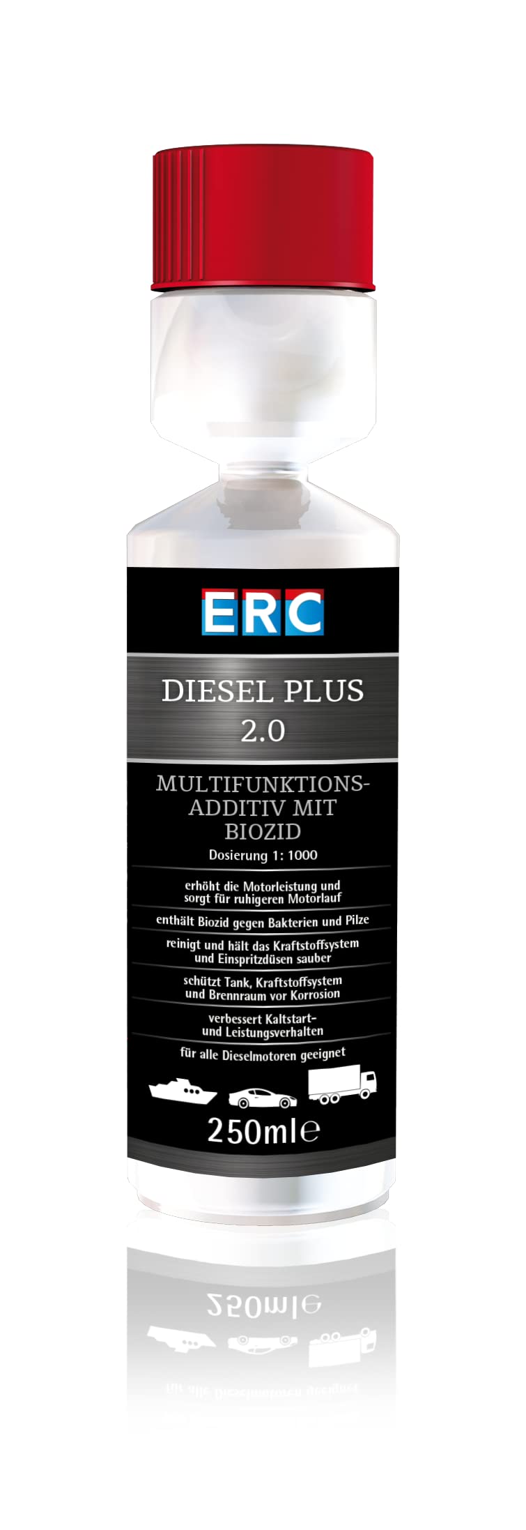 ERC Diesel Plus 2.0 1:1000 250ml Dosierflasche, mit multifunktionalen Wirkstoffkomponenten mit Biozid, bis zu 5 Tankfüllungen von ERC