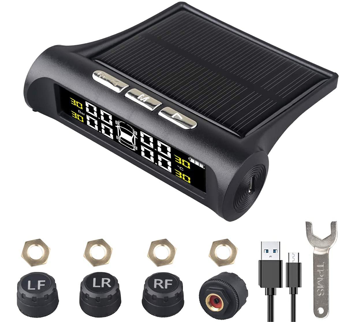 ESLOYSUN TPMS Solar ReifendruckKontrollsystem Universal Wireless Car Alarm wasserdichte 4 externen Sensoren 6 Alarmmodi Reifendruck Autoalarmsyste Echtzeit Druck und Temperatur für Auto, SUV, KFZ von ESLOYSUN