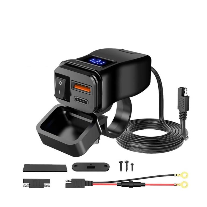 Motorrad Lenkerschalter Motorrad-Schnellladegerät 60W Lenker-Doppelsteckdose Mit Schalter Voltmeter 12V Netzteiladapter von ESyem