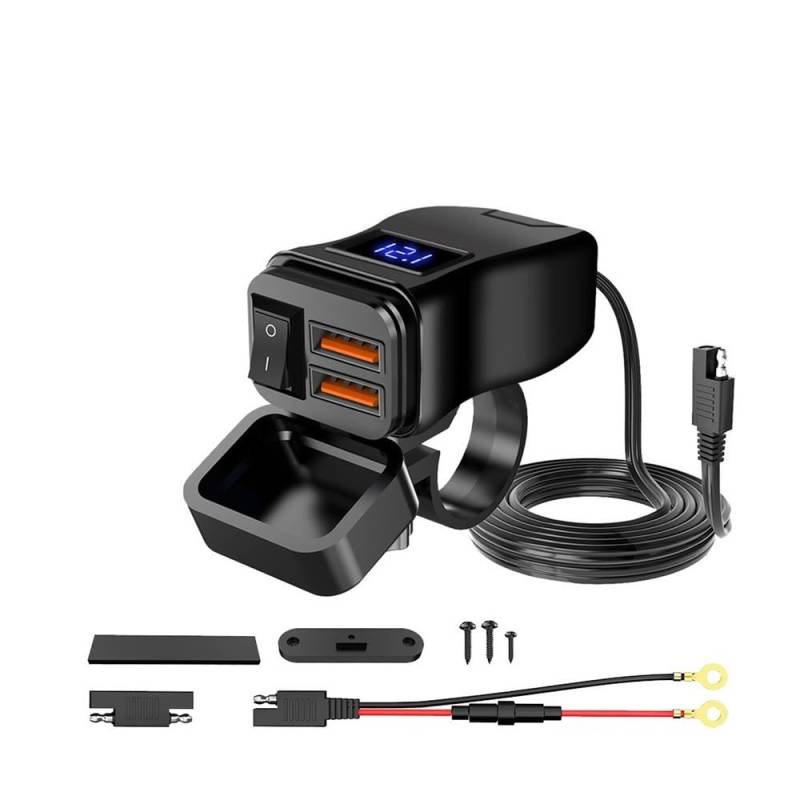 Motorrad Lenkerschalter Motorrad-Schnellladegerät 60W Lenker-Doppelsteckdose Mit Schalter Voltmeter 12V Netzteiladapter von ESyem