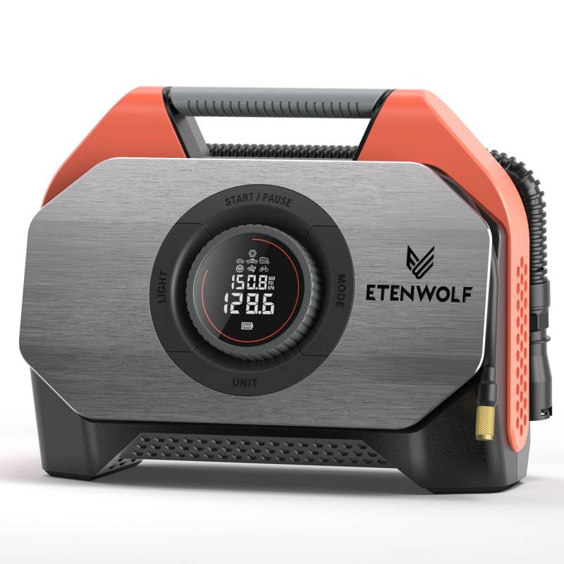ETENWOLF S6-19200mAh Elektrische Luftpumpe, 11,03 Bar/160 PSI Akku Kompressor mit LED,1 Min Schnelles aufblasen Elektrische Kompressor, 7 Modi mit LED-Licht für Fahrrad, Auto, Motorrad und Ball von ETENWOLF