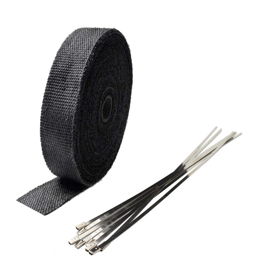 ETOPARS 2.5CM X 10M Fiberglas Schwarz Hitzeschutzband Auspuffband Auspuff Hitze Wickel Schild Hülle Auto Motorrad Krümmerband mit 6 Pcs Kabelbinder von ETOPARS