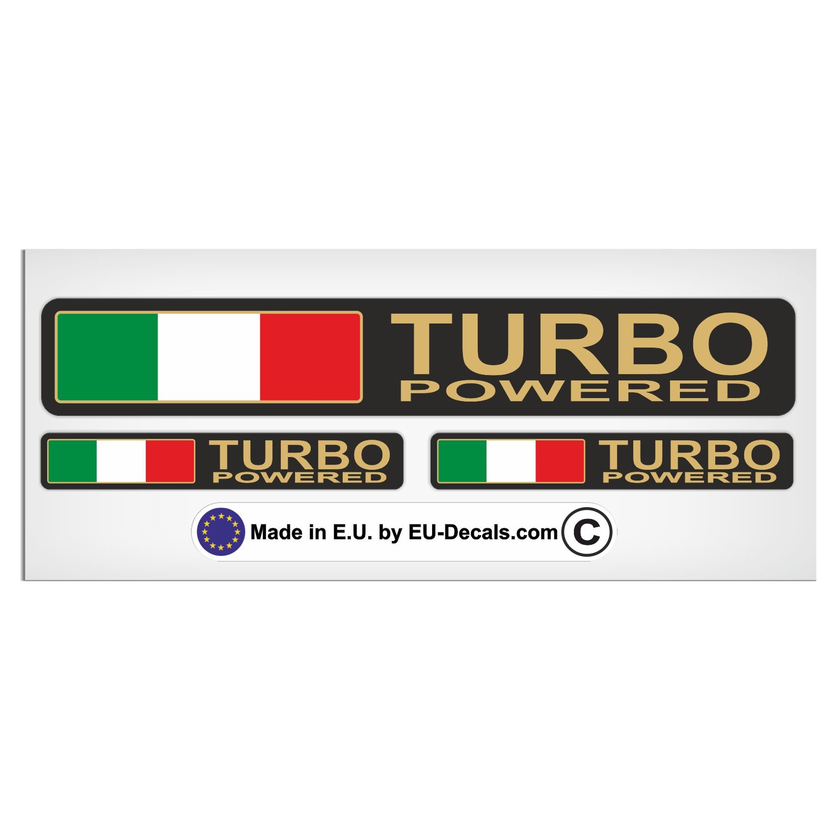 MioVespa Collection Aufkleber, Motiv: Turbo Powered, italienische Flagge, mit goldfarbenen Buchstaben, laminiert, hochwertig, 3 Stück von EU-Decals - MioVespa Collection