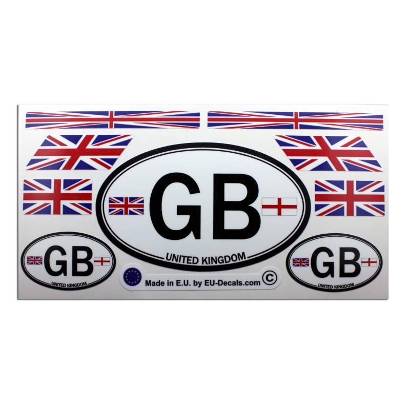 Set mit 9 UK Union Jack Flaggen und GB-Auto-Landschild, laminierte Aufkleber, MioVespa-Kollektion von EU-Decals - MioVespa Collection
