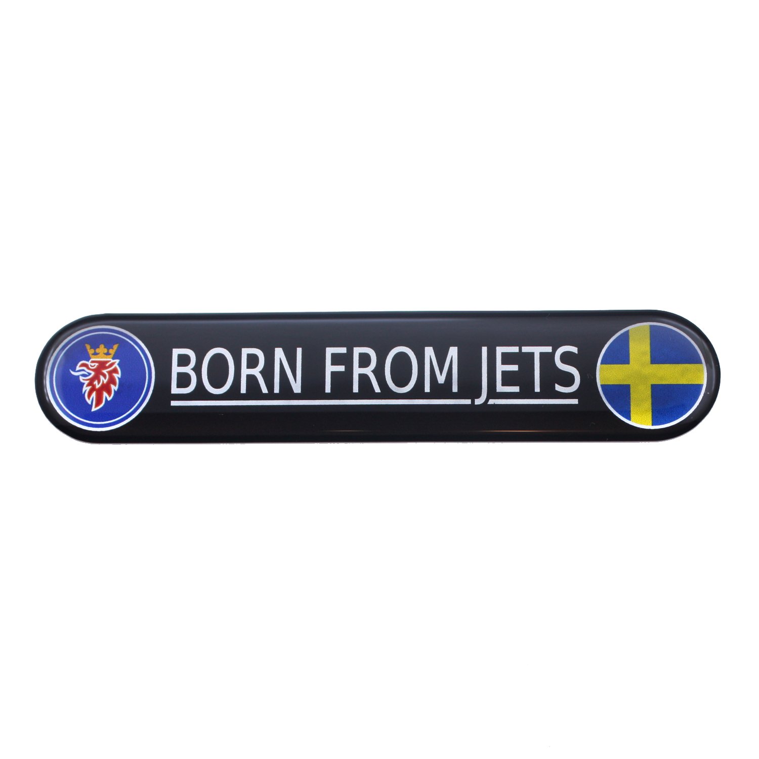 SAAB"BORN From JETS"-Emblem, farbig und Chrom, mit Griffin in Blau und schwedischer Flagge, gewölbt, 3D-Aufkleber, selbstklebende Rückseite von EU-Decals