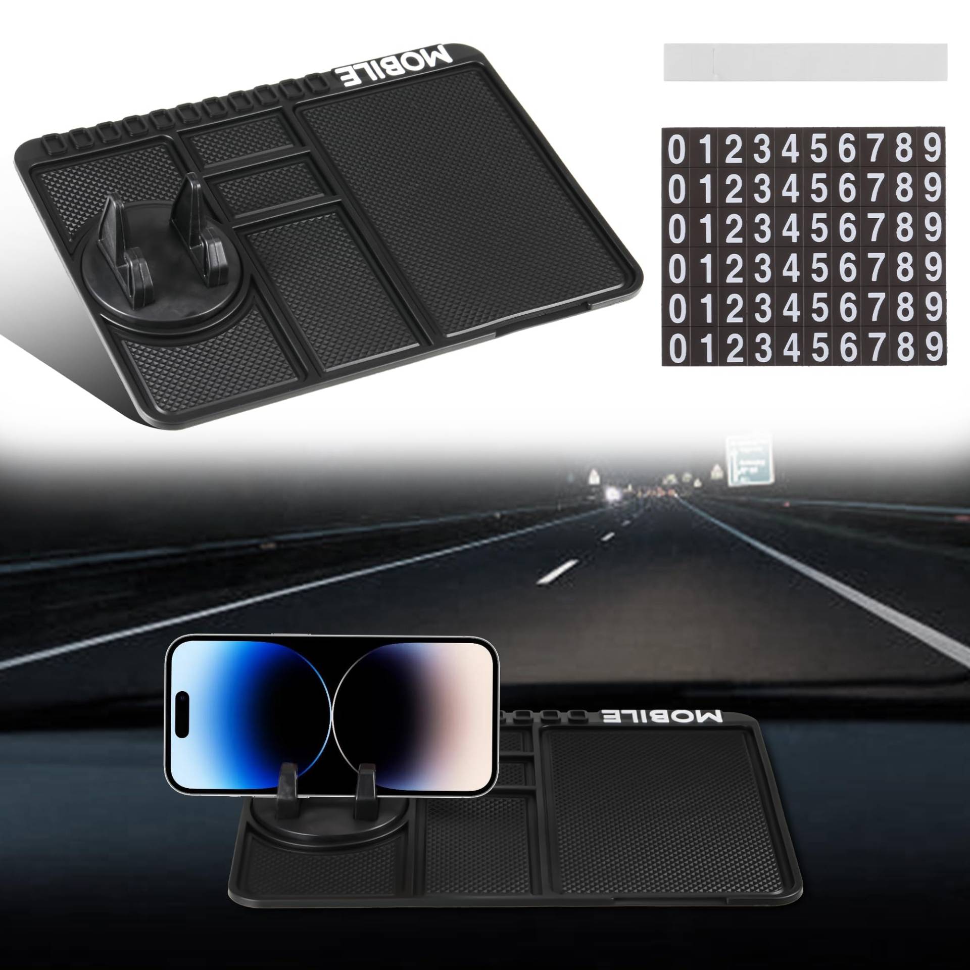 EUIOOVM Auto Rutschfestes Telefonpad 3 in 1, Auto Armaturenbrett Matten Antirutschmatte, 360 Grad Drehbar Multifunktionale Anti Rutsch Pads mit Handyhalterung Parkkontaktnummer von EUIOOVM