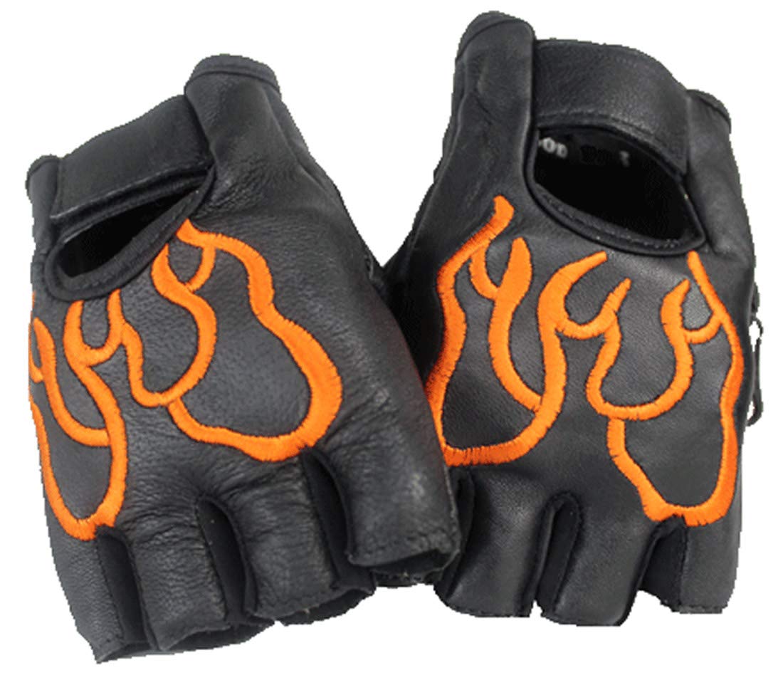 EURO STARS Biker Fingerlose Orange Flamme Lammleder Handschuhe, Motorcycle Fingerless Leather Gloves (M, Schwarz) von EURO STARS